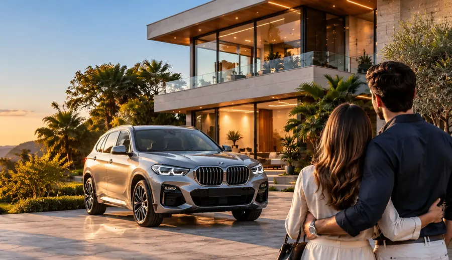 Casal observando a casa e o carro novos